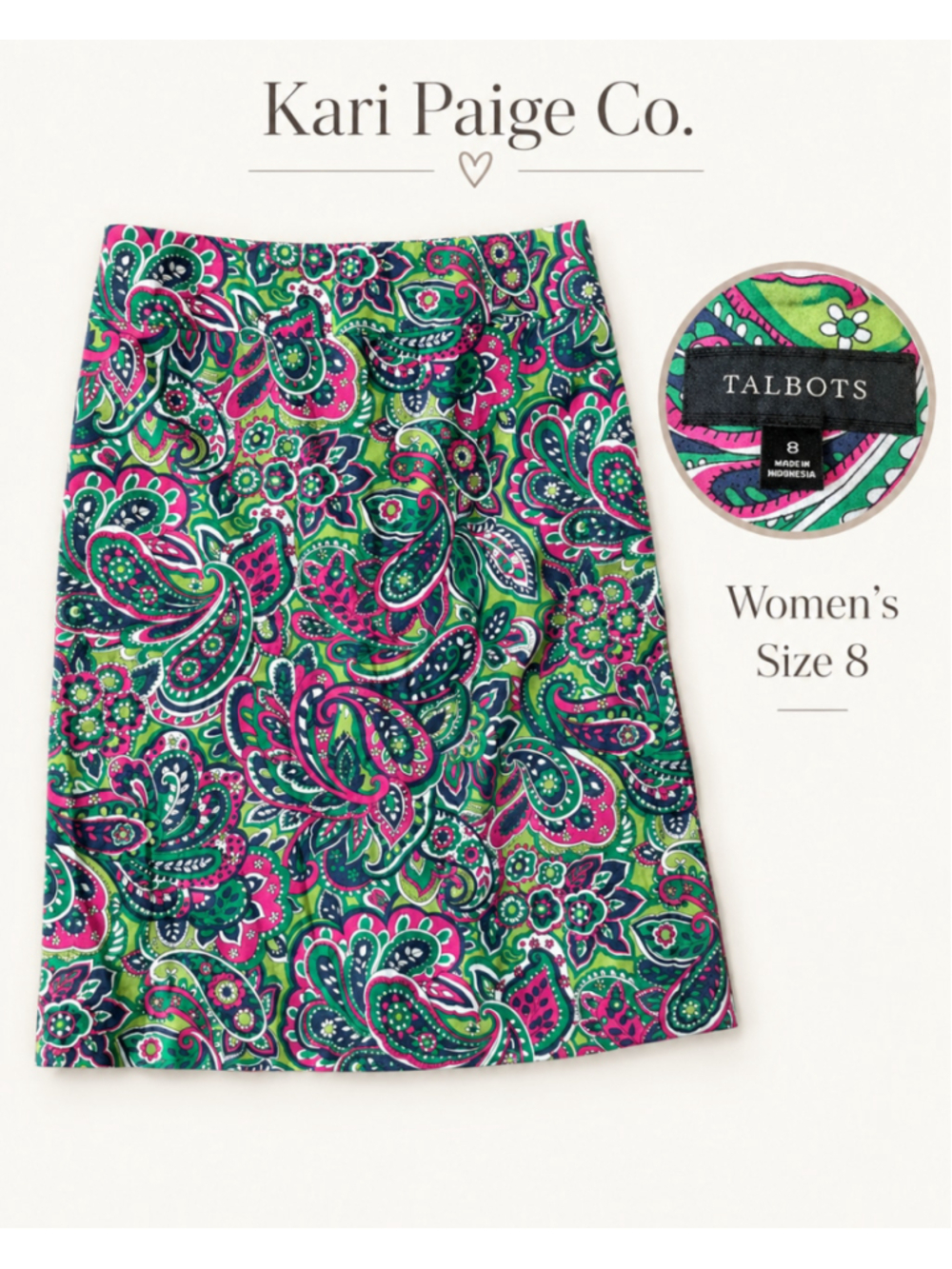 Women's Talbots Paisley Skirt Size 8 Green Pink